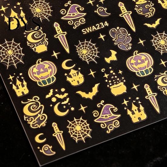Holiday Nail Stickers Halloween 3D Art Stickers, Metallic Golden Pumpkin Ghost Spider Web DIY Supplies Witch Hat Decals, Self-Adhesive Manicure