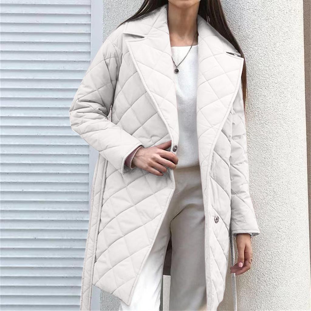 Женский осенне-зимний пояс средней длины, модный пуховик с ромбовидной решеткой и лацканами на талии