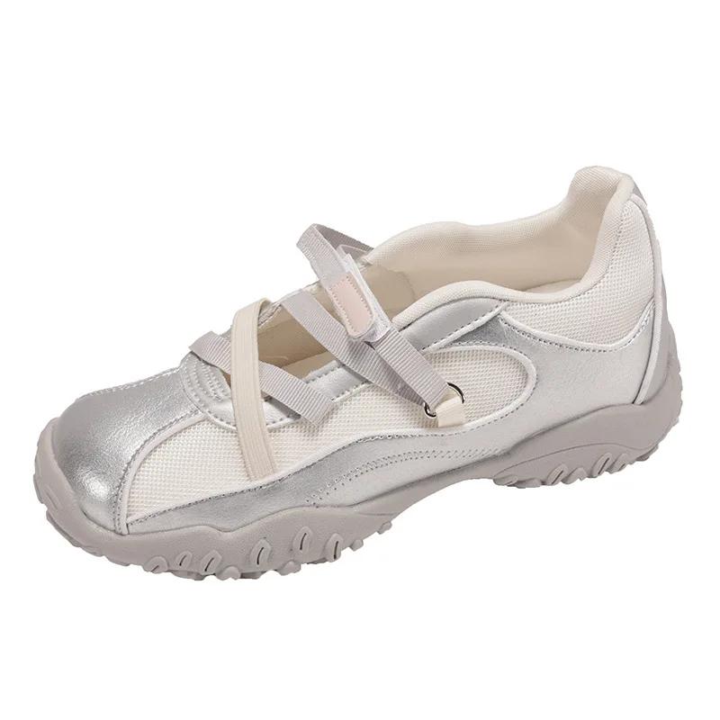 Летние туфли в балетном стиле на толстом каблуке, повседневные спортивные туфли Deqin, женские туфли Мэри Джейн с открытым носком, дышащие, в полоску, из синтетической кожи