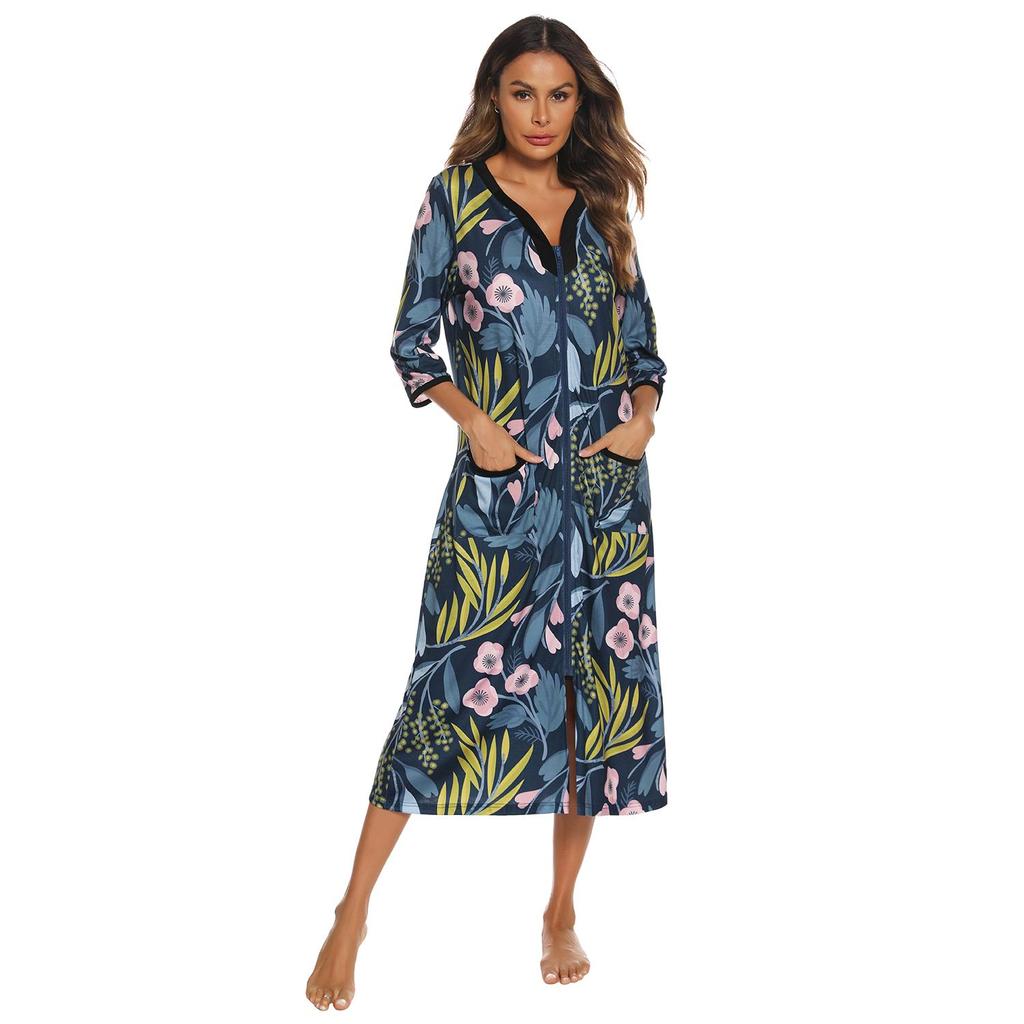 Women’s Robes Printed V Neck 3/4 Sleeve Dressing Gown Spring Autumn Pajamas Nightgown Casual Home Wear Zip Up Long Bathrobes