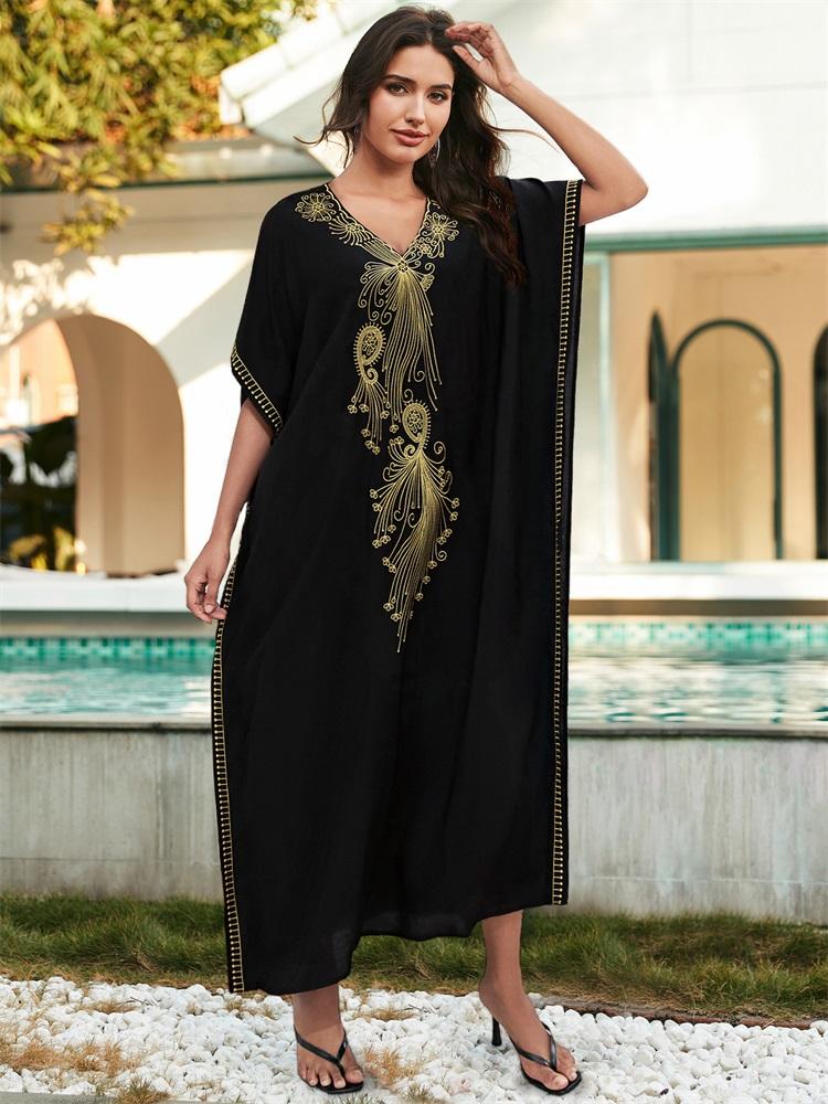 EDOLYNSA Золотая вышивка с v-образным вырезом, большие размеры, кафтан, пляжное платье макси, 2024, женские летние кафтаны, сексуальная пляжная одежда, купальник, накидка Q1584