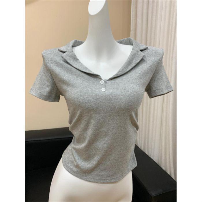 Футболка Polo Lapel Exposed Clavicle с короткими рукавами, женская летняя узкая короткая футболка