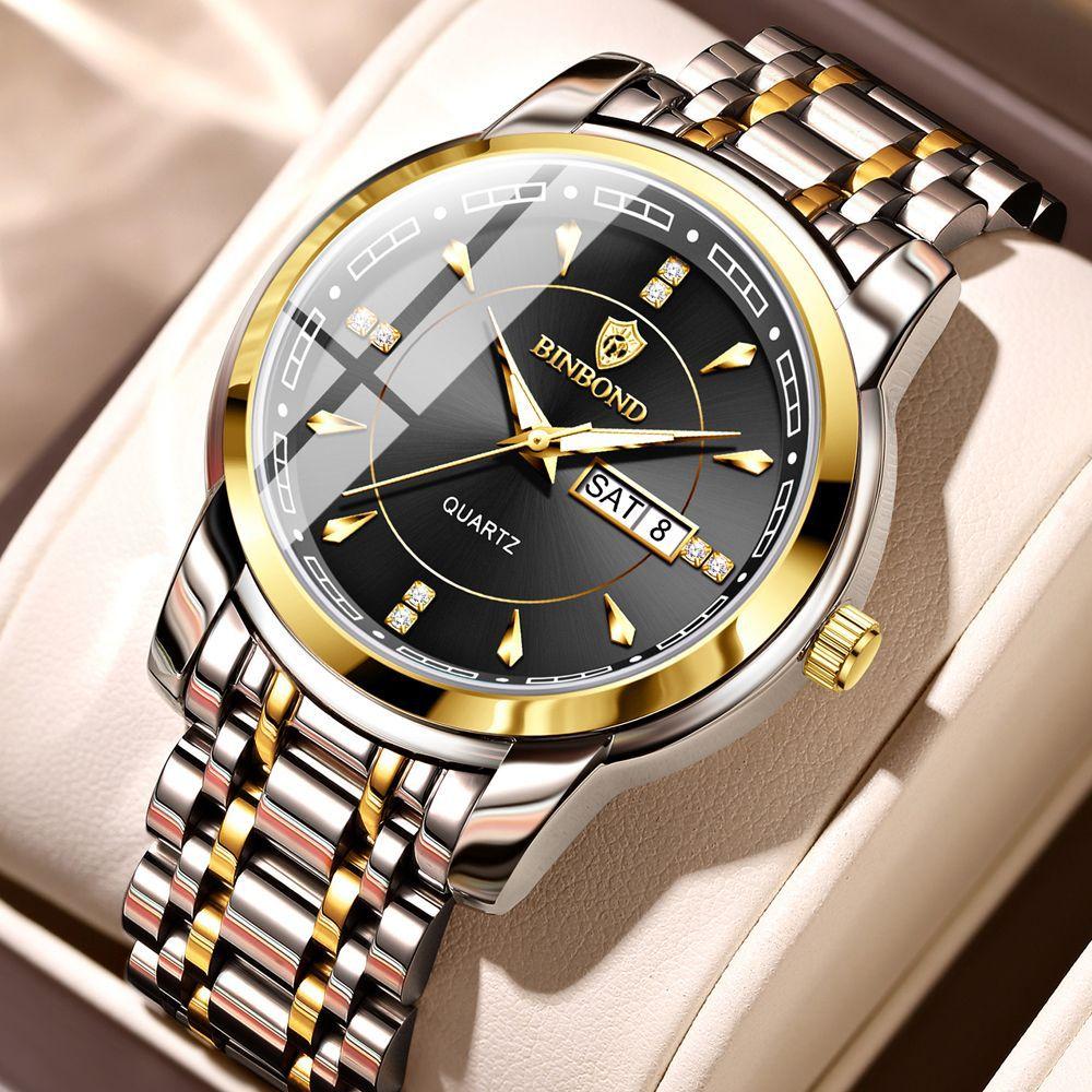 Мужские часы, модные золотые кварцевые часы для мужчин, нержавеющая сталь, водонепроницаемые, светящиеся наручные часы, дата, неделя