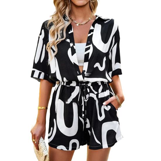 2 шт./компл., женская рубашка, комплект с шортами, соответствующий цвету, с принтом и лацканами, свободные однобортные однобортные шорты с короткими рукавами и эластичной резинкой на талии, повседневный комплект с топом и шортами