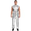 Mens Shiny Metallic Sleeveless Full Length Zipper Jumpsuit Bodysuit
