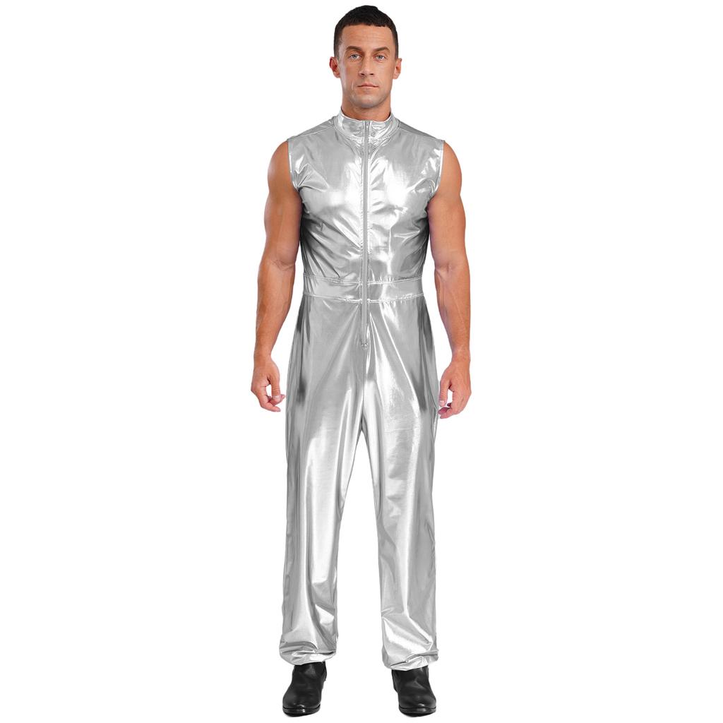 Mens Shiny Metallic Sleeveless Full Length Zipper Jumpsuit Bodysuit