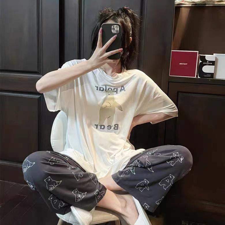 Женский летний мультяшный пижамный комплект - Круглый вырез, Короткий рукав, Легкие брюки для весны и осени