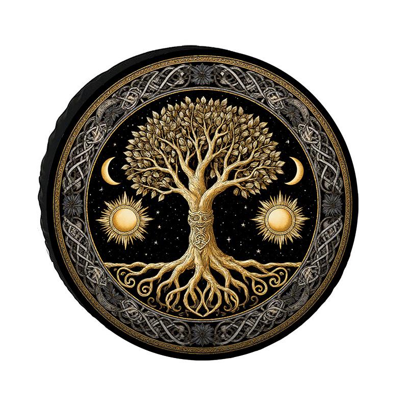 Polyester Tire Cover - Tree Of Life Golden Tree With Sun And Moon Decoration, Silvery-Golden Celtic Knot Pattern, Black Backgrou