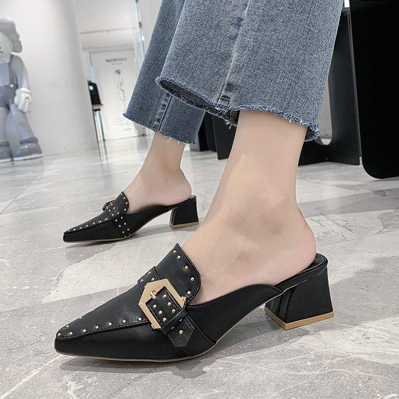 Новые Ретро Баотоу Туфли-полуботинки на kitten heel Модные Заостренный носок Заклепки Повседневные Для улицы Женские Крутые Шлепанцы