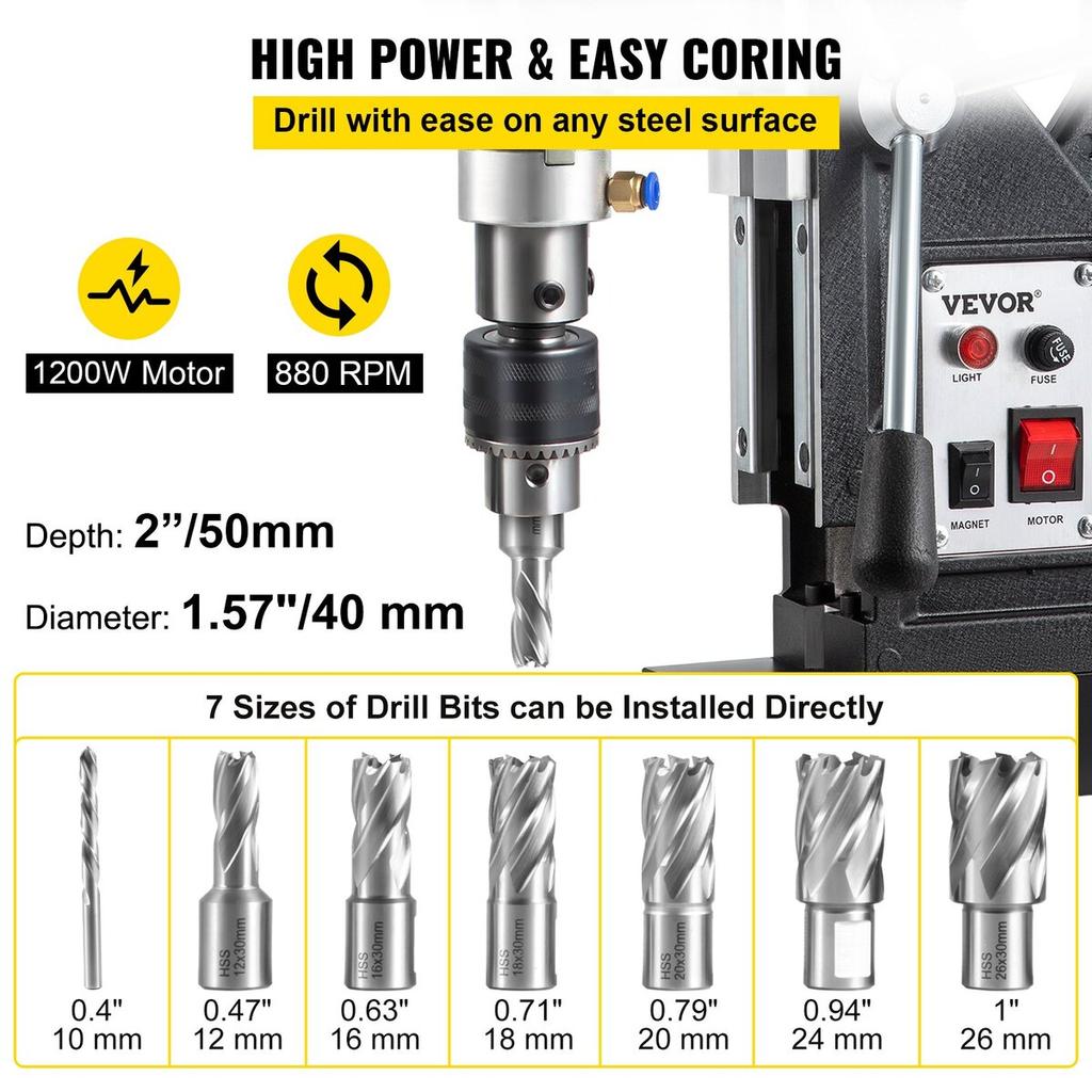 Magnetic Drill, 1100W 1.57" Boring Diameter, 2697lbf/12000N Portable Electric Mag Drill Press with 7 Bits, 580 RPM Max Speed Drilling Machine for any