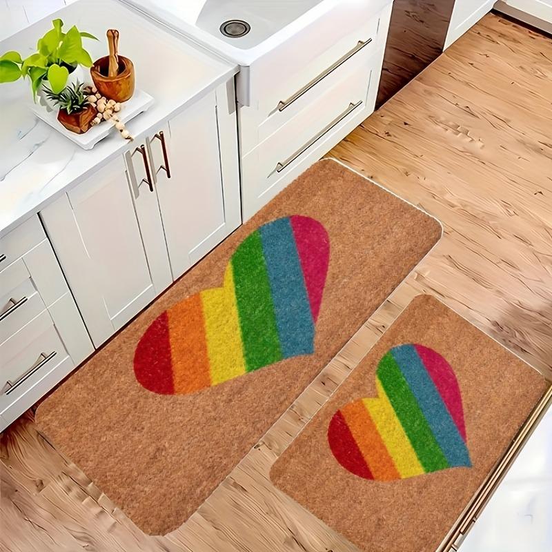 1PC Rainbow Hearts Motif Kitchen Rug Non-Slip Door Mat Pop design Bathroom Rug Bath Mat Carpet for Home Sink Laundry Decor