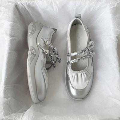 Серебряные туфли Мэри Джейн для женщин, кроссовки, новая мода, повседневная обувь с пряжкой на ремне и бантом, мягкие кожаные туфли на платформе для ходьбы