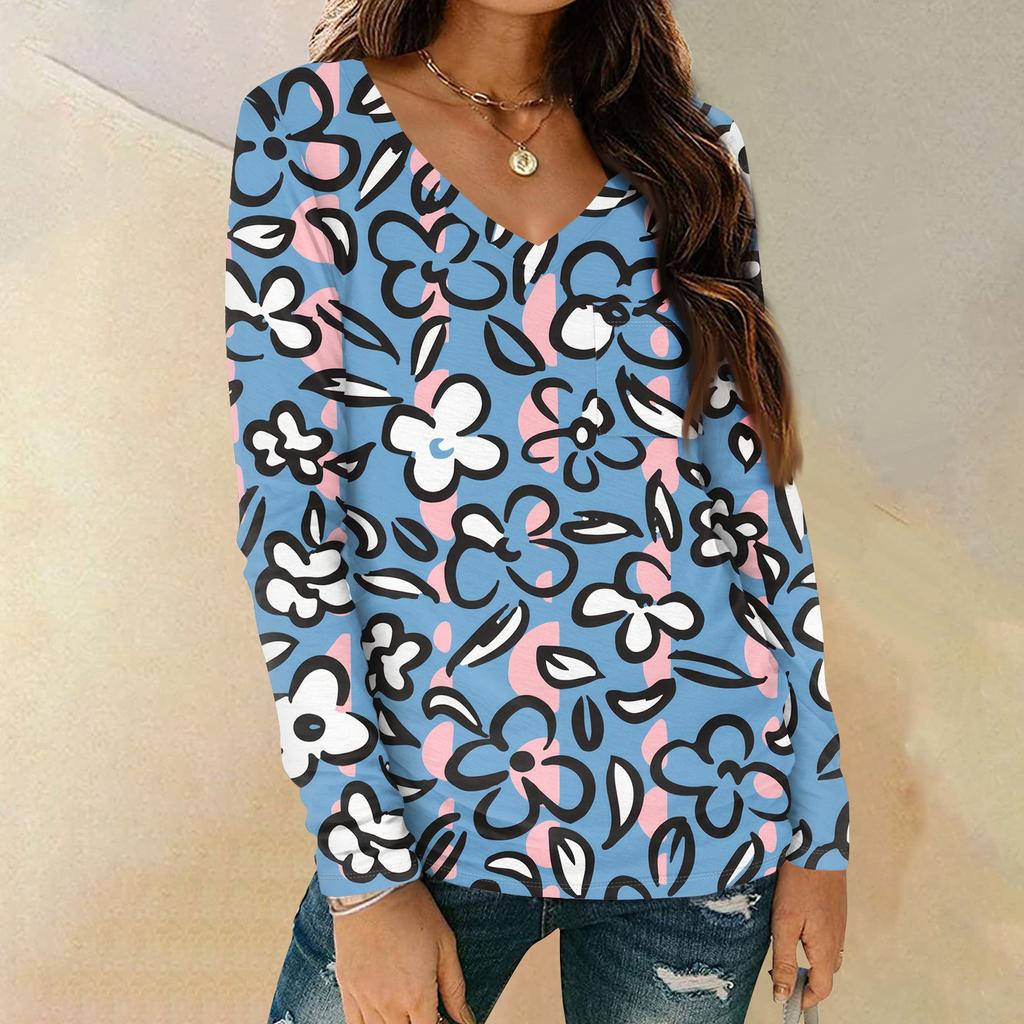 Женская мода повседневная блузка с длинным рукавом и цветочным принтом, V-образным вырезом и карманами
