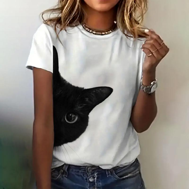 Women's T-shirt Cat Print Short Sleeve Summer Casual Wear Loose Top Fashion Round Neck Short Sleeve Women's Elegant T-shirt