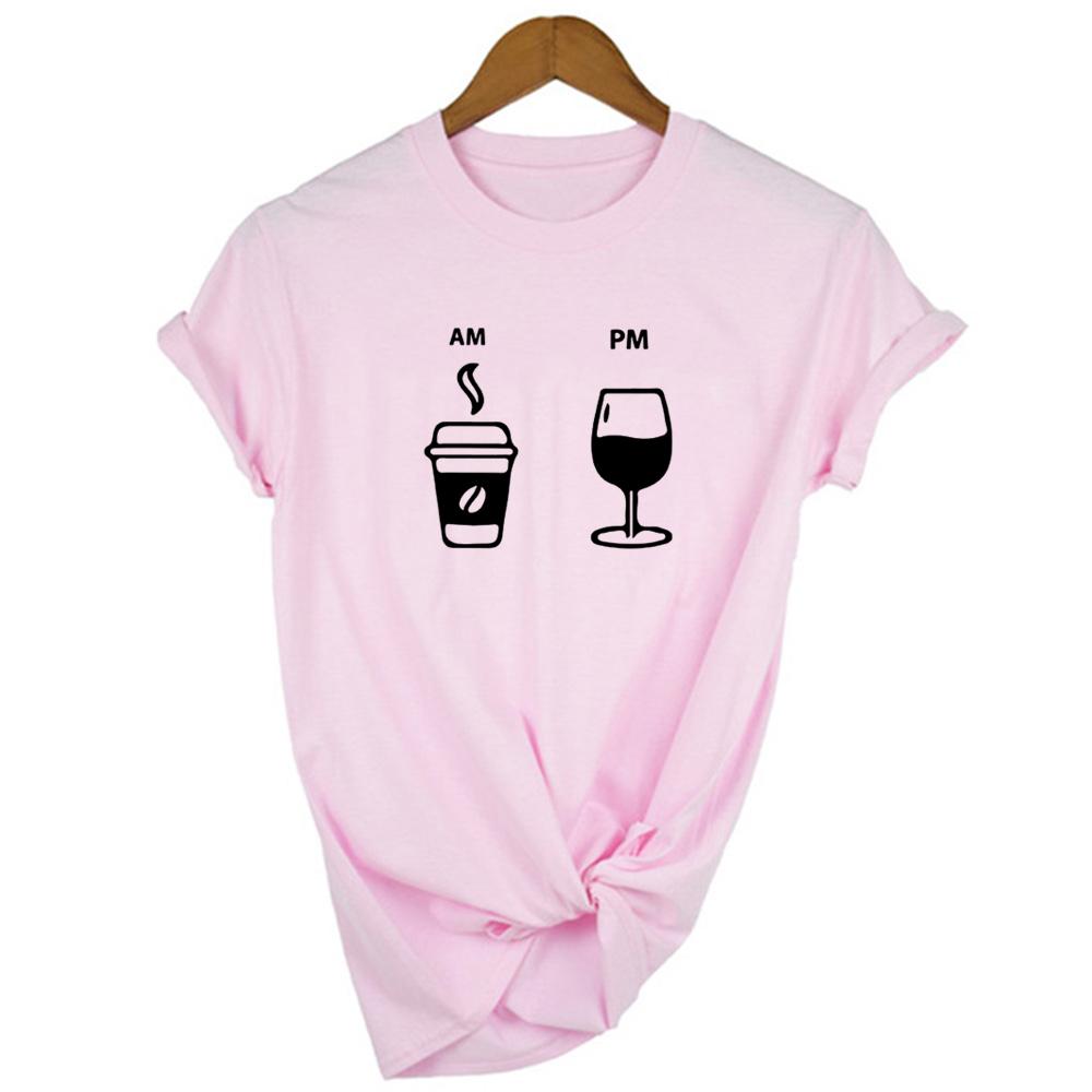 Am Coffee Pm Red Wine Print T Shirts Harajuku Tops Ropa Mujer Fashion Graphic Tees Women