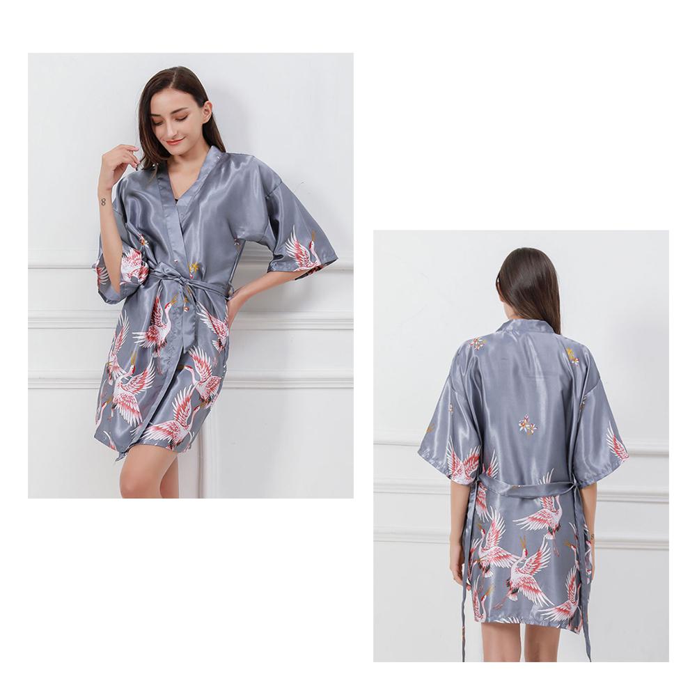 Puntos Summer Ice Silk Fabric Women Lady Nightgown Flower Print Short Bathrobe