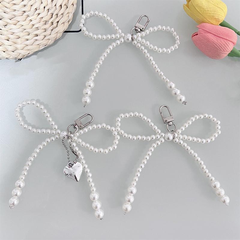 Sweet Bowknot Heart Keychain Pendant Lovely Beaded Hanging Decorations Keyring Charm Phone Lanyard Phone Charm Bag Pendant