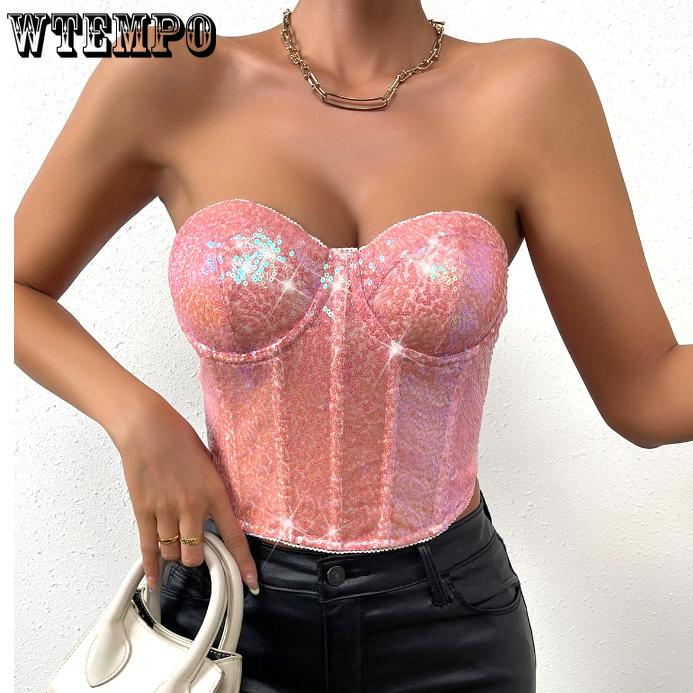 European and American Spicy Girls Bust Wrap Fashion Bead Zipper Heavy Industry Strapless Women's Top Street Trend Party Sexy Girl