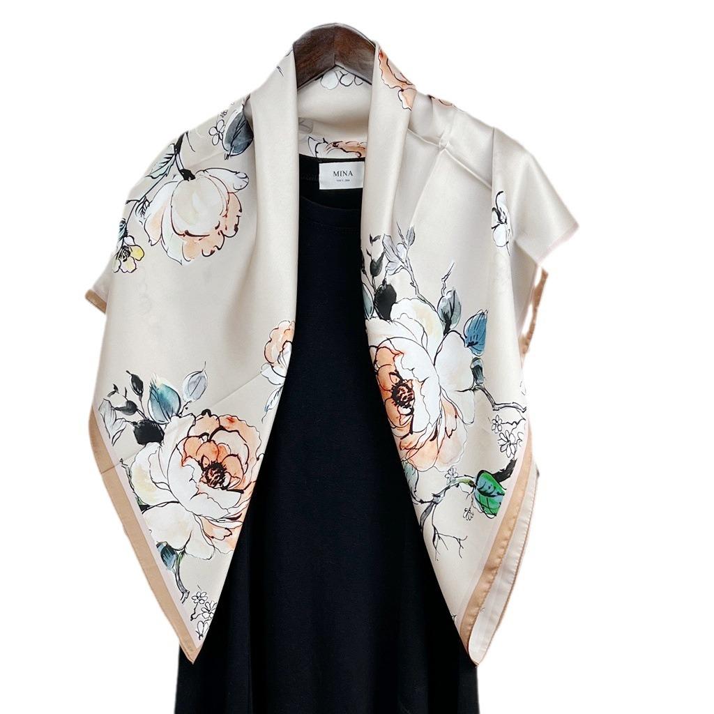 Light Luxury Chinese Style Thorny Rose Printed Mulberry Silk Silk Scarf Women'S High-End Temperament 100% Silk Plain Satin Square Scarf