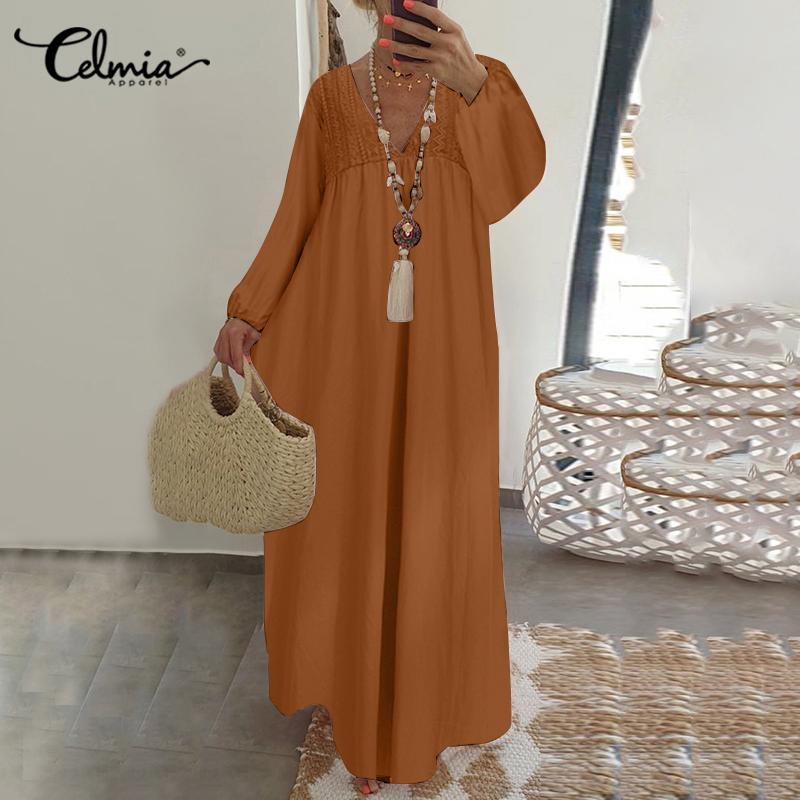 Celmia Весенняя женская мода Длинные макси с оборками праздничное платье с v-образным вырезом и рукавами-фонариками из хлопка и кружева однотонные тонкие платья повседневные свободные большие размеры