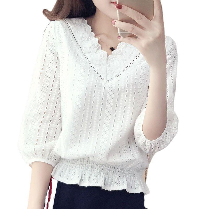 Новая модная кружевная повседневная блузка с v-образным вырезом, женская элегантная свободная белая рубашка с коротким рукавом, однотонная винтажная блузка больших размеров, топы, женская одежда 1088