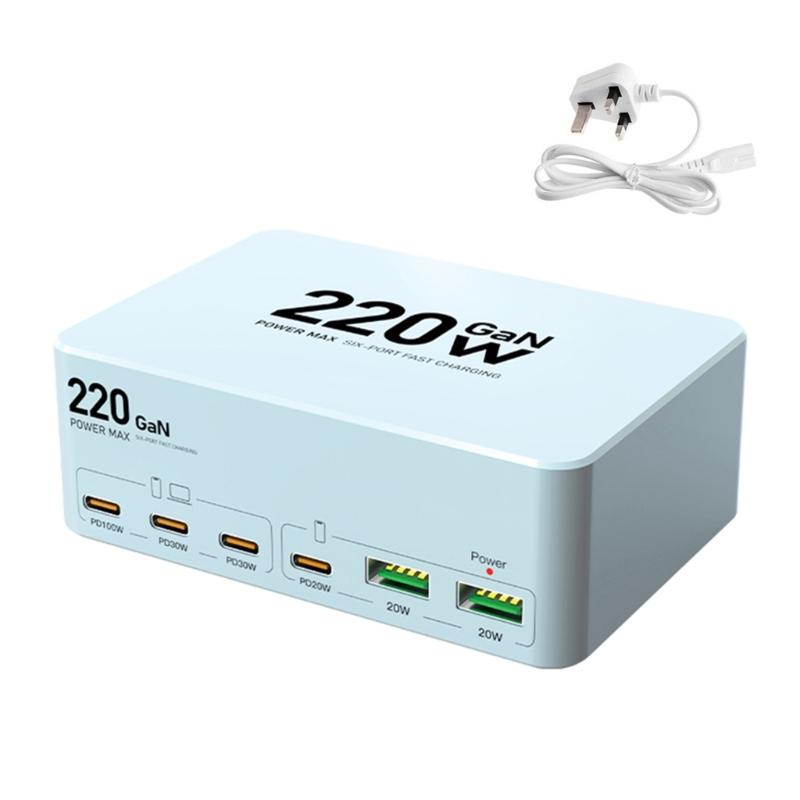 Multi Port Fast Charging Station 220W Power Adapter with Type C & USB Port Allows 6 Devices Simultaneously Charging