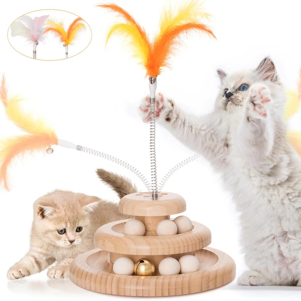 Cat Cat Spinning Pet Wooden Cat Toy with Bell Spinning Tower Cat Stress Educational Bamboo Rolling Toy, Ball, Tower, Supplies Ball, - Exercise,