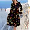 Women's V-Neck Flowing Layered Bohemian Long Sleeve Halloween Print Dress