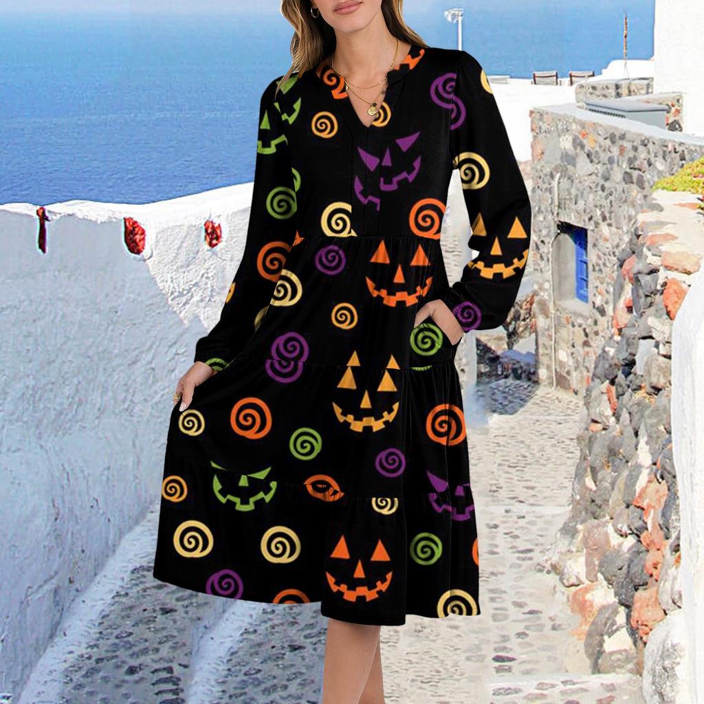 Women's V-Neck Flowing Layered Bohemian Long Sleeve Halloween Print Dress