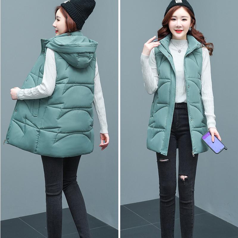 Осенне-зимняя женская однотонная свободная утолщенная теплая жилетка без рукавов средней длины с капюшоном, женская куртка