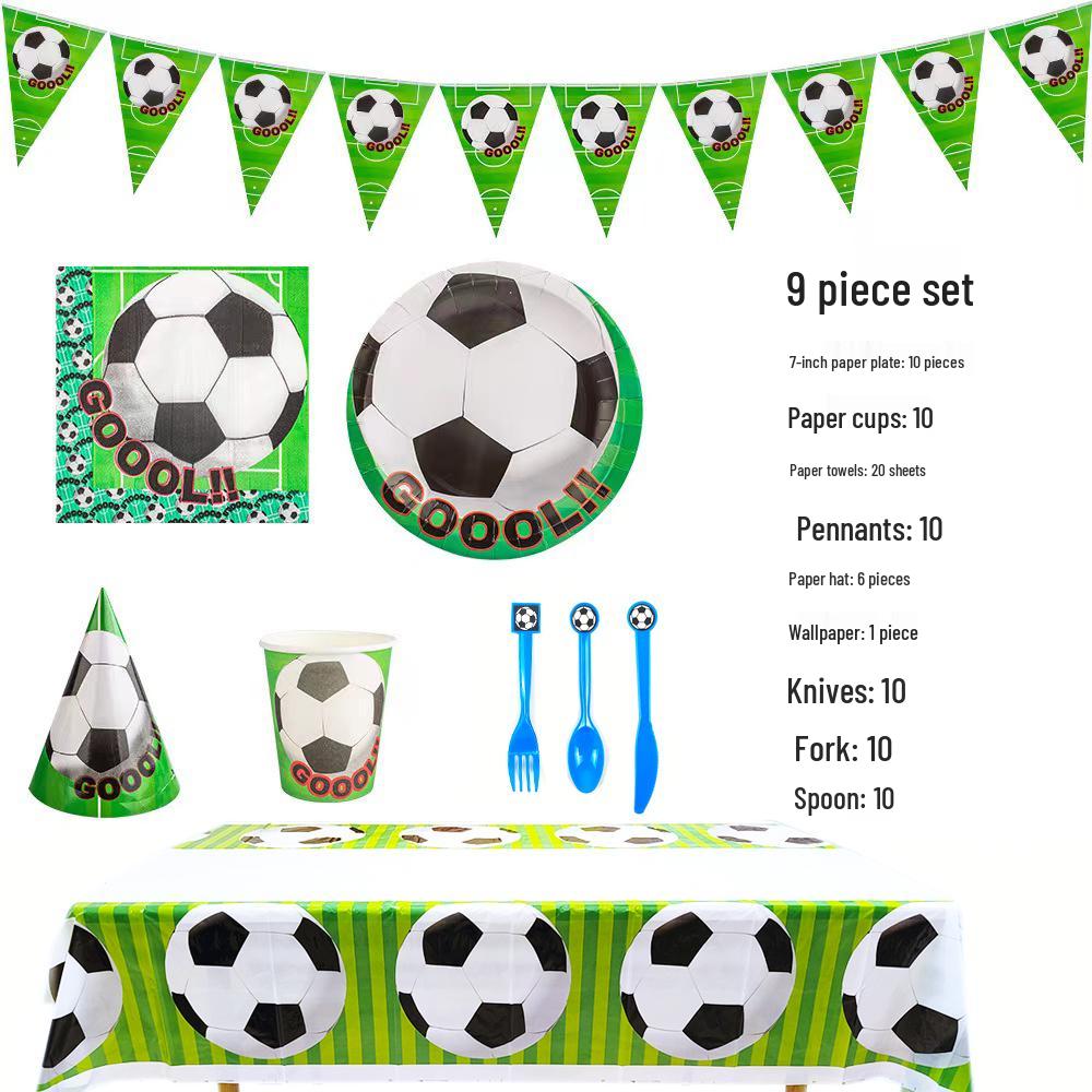 Набор декора для футбольной вечеринки в честь дня рождения: Тарелки, Чашки, Скатерть, Столовые приборы, Фон, Баннер и Воздушные шары.
