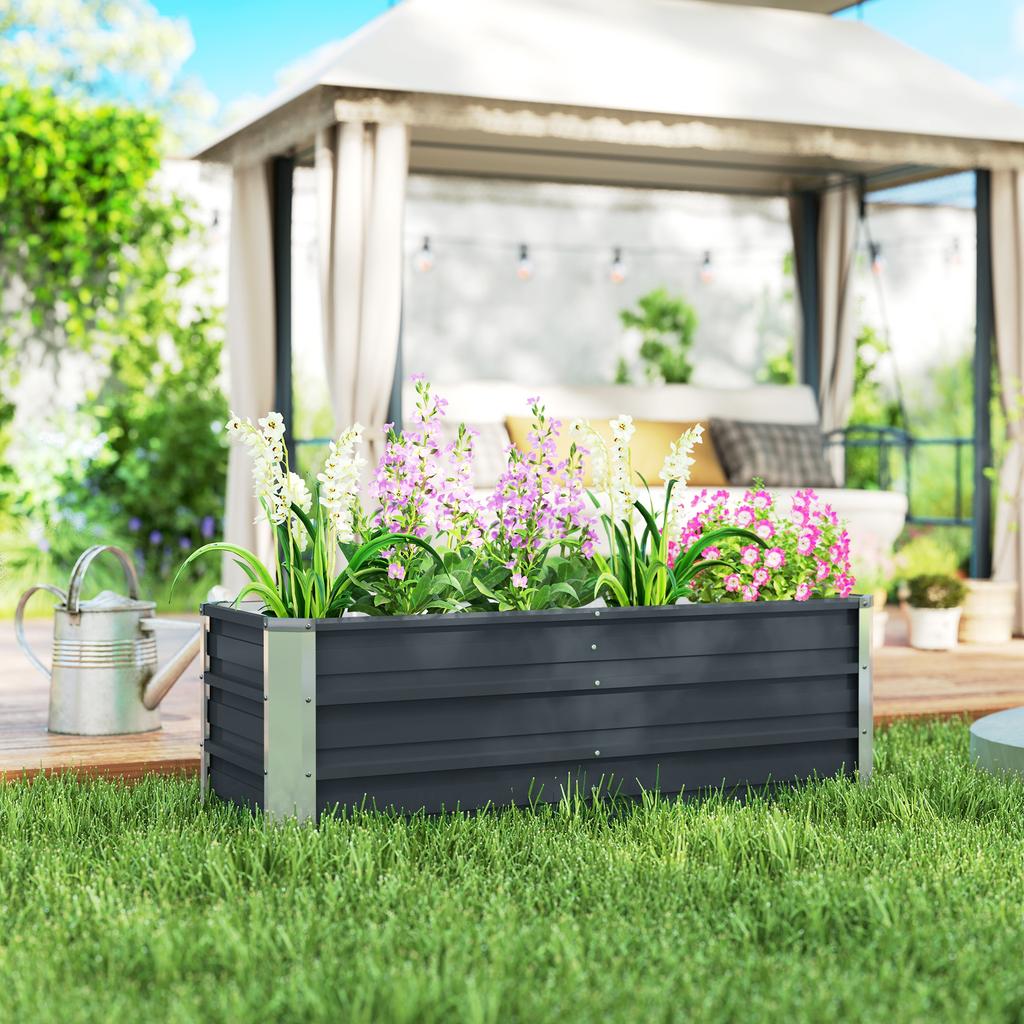 Steel raised garden bed, planter box, flower box, flower pot with gloves, charcoal gray, 125 x 47 x 44 cm