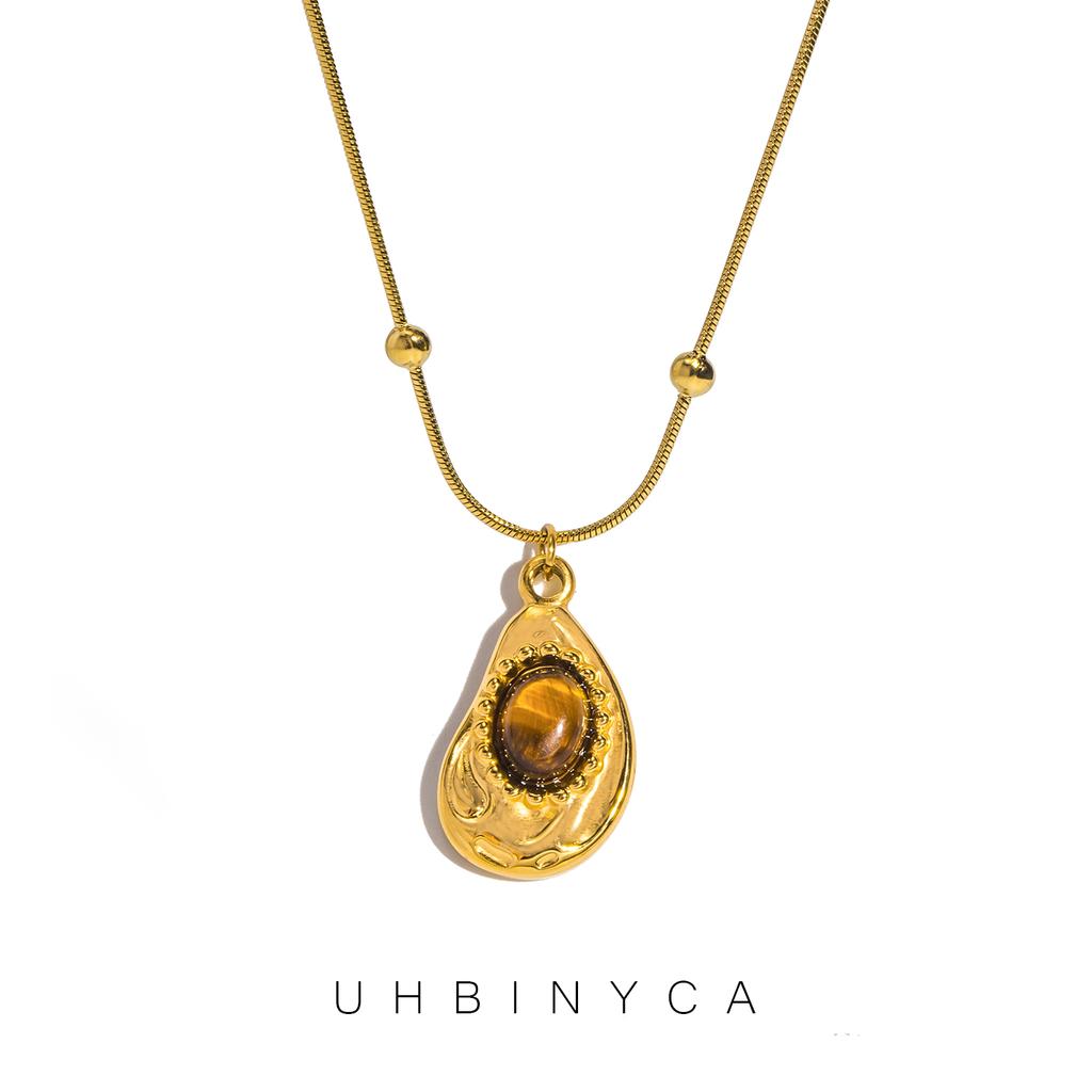 Fashion Natural Tiger's-eye Stone Water Droplet Pendant Necklace Stainless Steel Choker Women PVD Plated Waterproof Jewelry