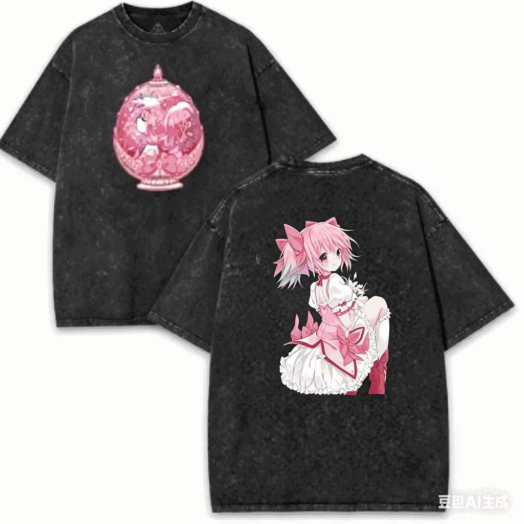 2026 Puella Magi Madoka Magica Мадока Канаме Винтажная стираная с принтом Свободная футболка с коротким рукавом из чистого хлопка для фанатов