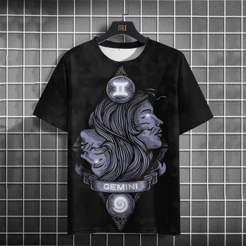 Мужская футболка с принтом знака зодиака, летняя футболка с короткими рукавами и пуговицами, модная уличная футболка с круглым вырезом, одежда больших размеров