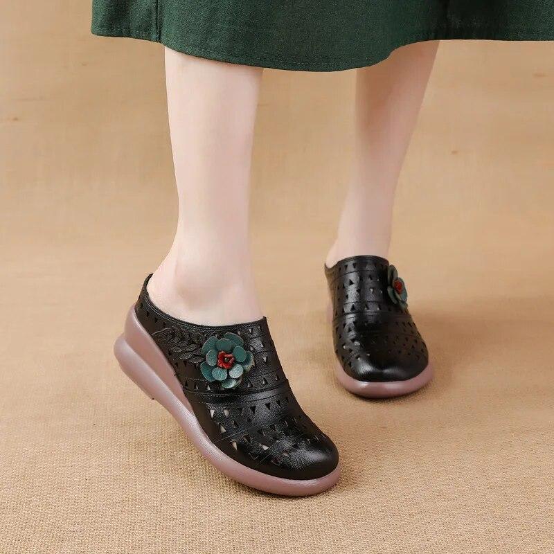 Women Sandals 2024 Summer Comfort Platform Sandals Genuine Leather Hollow Out Increase Non-slip Fashion Women Shoes