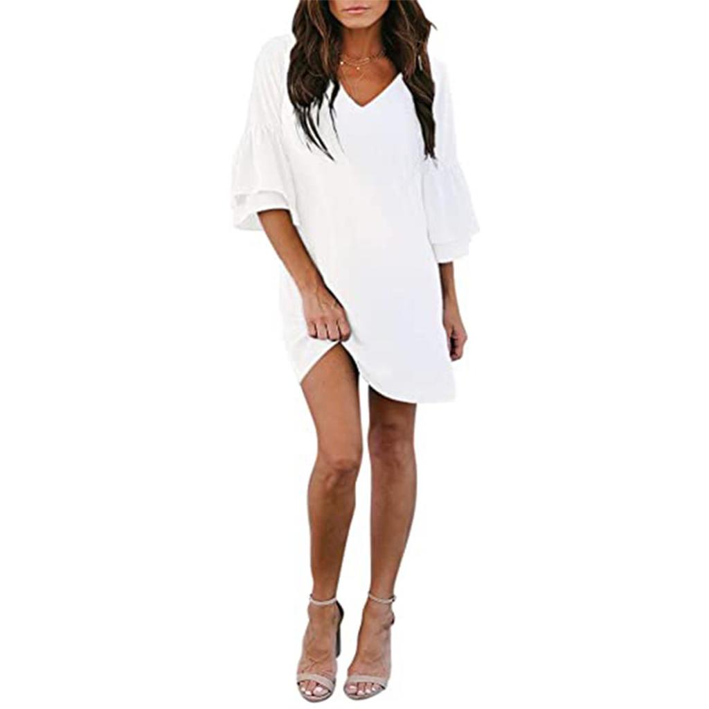 Women's Dress Sweet And Cute V-neck Bell Shaped Sleeves Solid Loose Fitting Dress  Dress