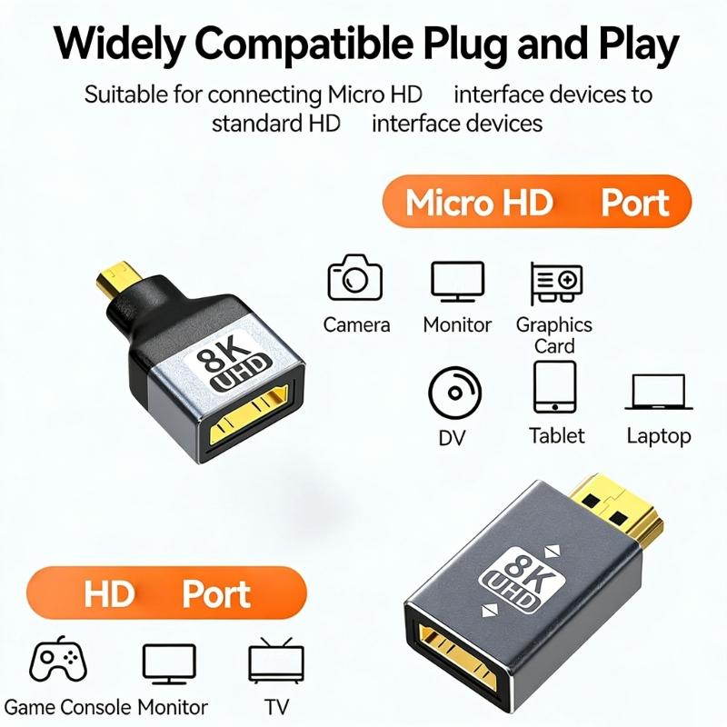 8K HDMI2.1 Адаптер с позолоченным портом и алюминиевым корпусом для стабильной передачи сигнала и долговечности