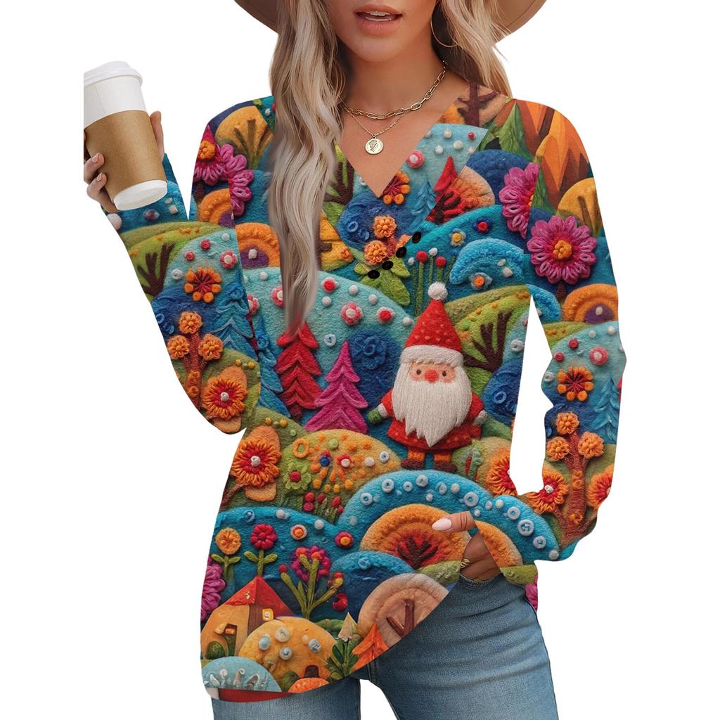 Women's Fashion Casual V-neck Pleated Christmas Long Sleeve Top