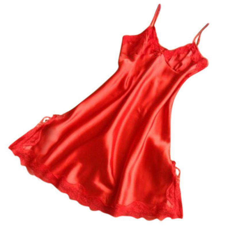 Women Nightwear Sexy Mini Nightgowns Deep V Straps Skirts Tempatation Silk Lace Sleepwear