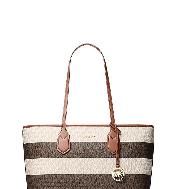 MICHAEL KORS Eva brand logo print gold hardware tote bag coated canvas shoulder bag large size women's brown and white