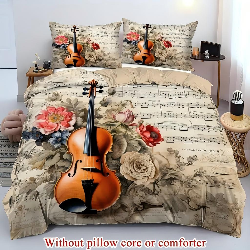 Скрипичный нотный стан Роза 3D-принт Постельное белье Наволочка Искусство классической музыки Ретро стиль Пододеяльник Домашний текстиль Комплект пододеяльника