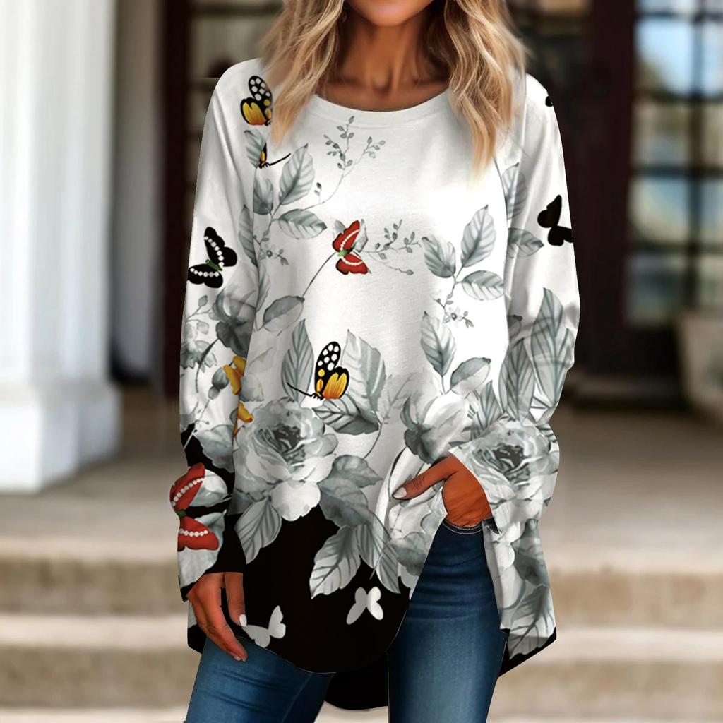 Женская повседневная футболка больших размеров с длинным рукавом и круглым вырезом в стиле ретро, ​​пуловер