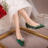 Flowers Pointed Toe Pumps for Women's 2024 New Green Silk Low Heels Shoes Woman Slip On Thin Heeled Lady Shoes Green Party Shoes