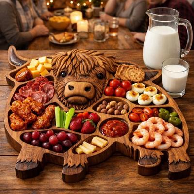 Деревянная доска для закусок в форме шотландской коровы, симпатичный поднос в форме коровы, деревенское блюдо для еды с отделениями для сыра, мяса, фруктов и закусок.