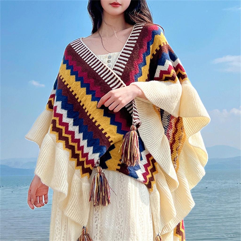 Womens Ethnic Retro Head Cape Thick Color Striped Shawl Scarf