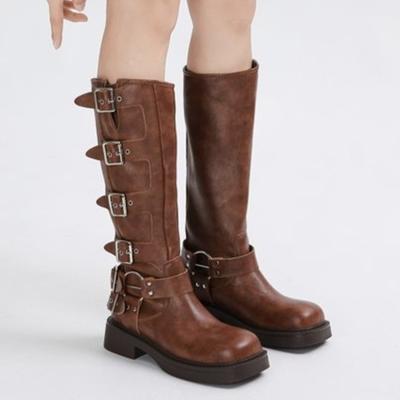 2024 Новые популярные туфли на высоком каблуке до колена, модные женские сапоги в стиле панк-готика, рок, кожаные, мотоциклетная обувь