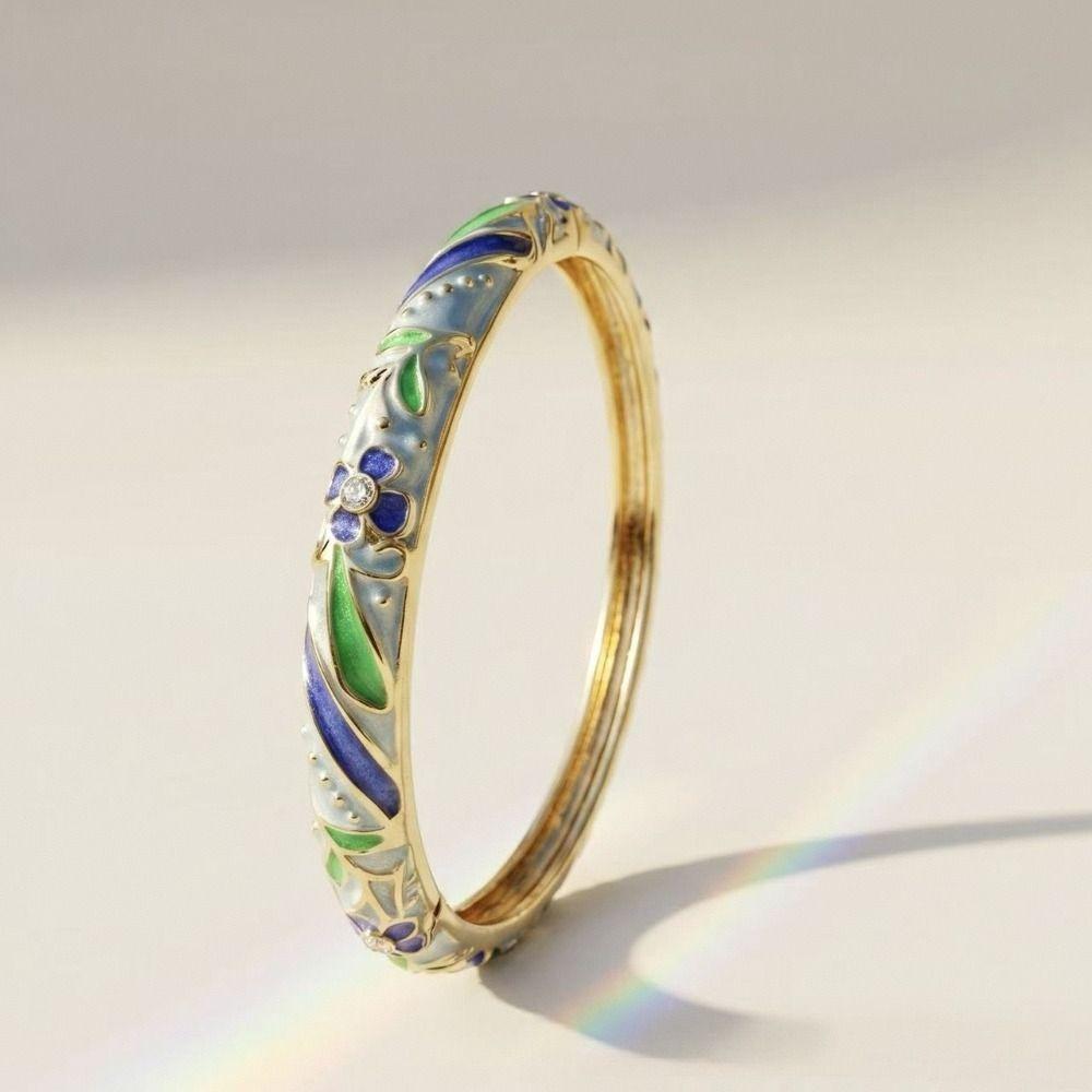 Colorful Gold Plated Floral Bangle Retro Rhinestone Inlay Oil Dipping Cuff Elegant