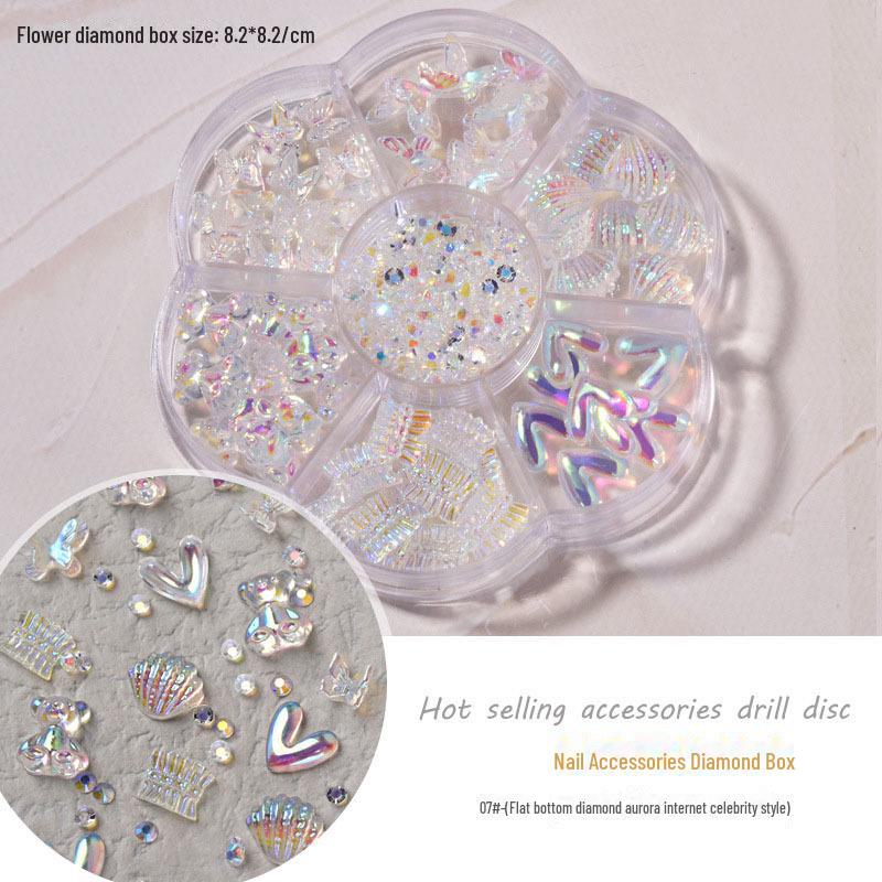 Набор для дизайна ногтей 7-Grid Mixed Set: Аксессуары в виде банта, медведя Авроры, бабочки, стразов, жемчуга и бриллиантов