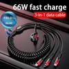 66W 6A 3 In 1 Fast Charging Data Cable Micro USB  IOS Type C Spring Cable Car Phone Charger Cable for Huawei Xiaomi Samsung iPhone
